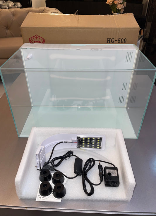 Aquarium de Luxe Blanc 50cm – Verre Ultra-White (Système Sump + Pompe + LED)